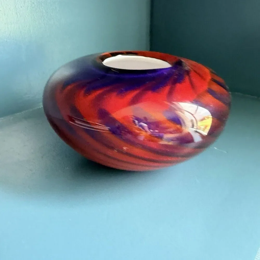 Vintage Hand Blown Studio Art Glass Vase Signed 53 7” Diameter 4” Tall Murano